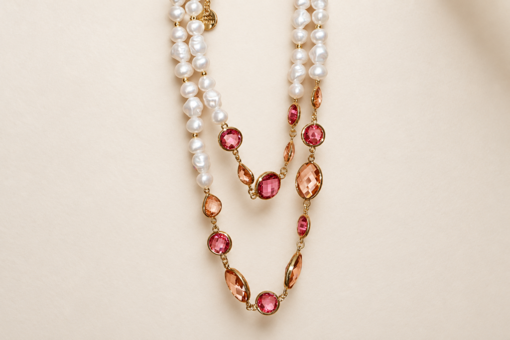 Collana Doppio Filo Color Oro con Perle e Zirconi Rosa e Pesca