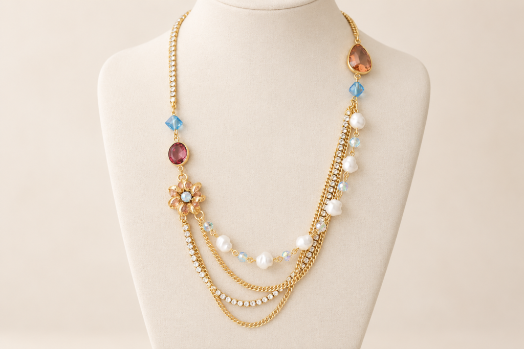 Collana Multifilo Color Oro con Fiore e Dettagli Multicolore