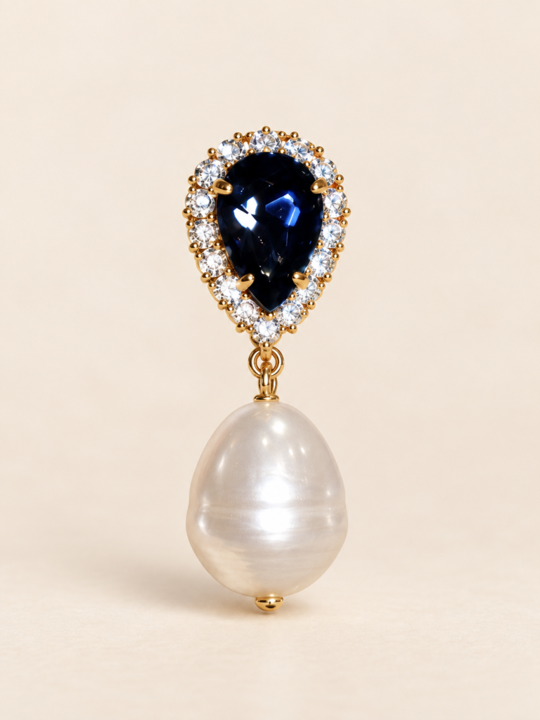 Orecchini Pendenti Color Oro con Goccia Blu e Pendente Perla