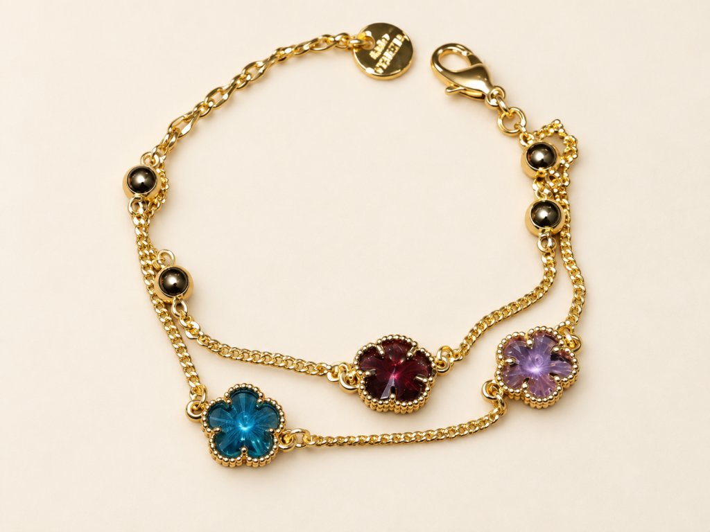 Bracciale Doppio Filo Color Oro con Fiorellini Multicolor