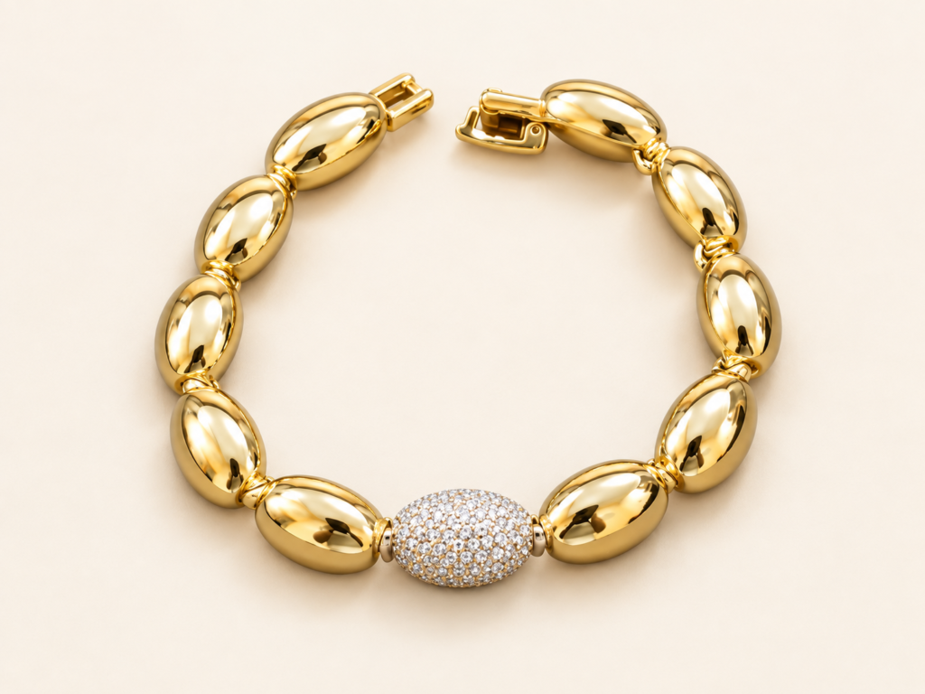 Bracciale in Acciaio Color Oro con Maglia Ovale e Zirconi