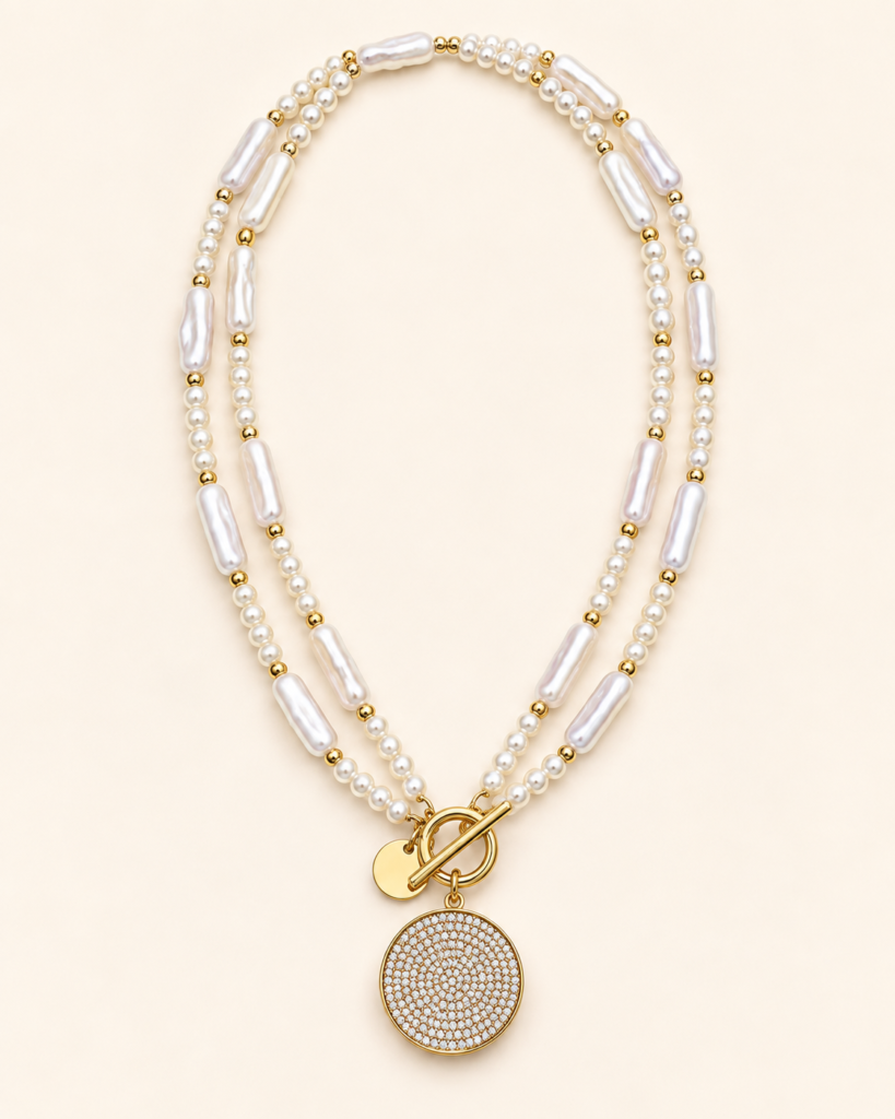 Collana Doppio Filo di Perle con Pendente Luminoso