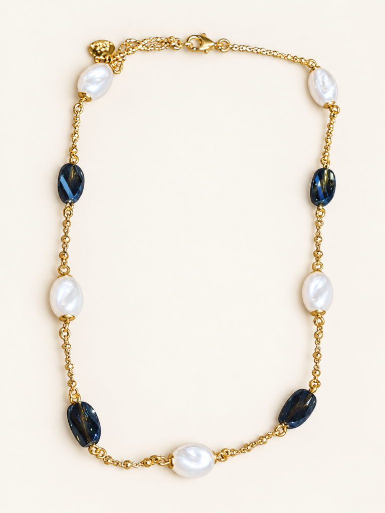 Collana Color Oro con Perle e Pietre Blu Sfaccettate