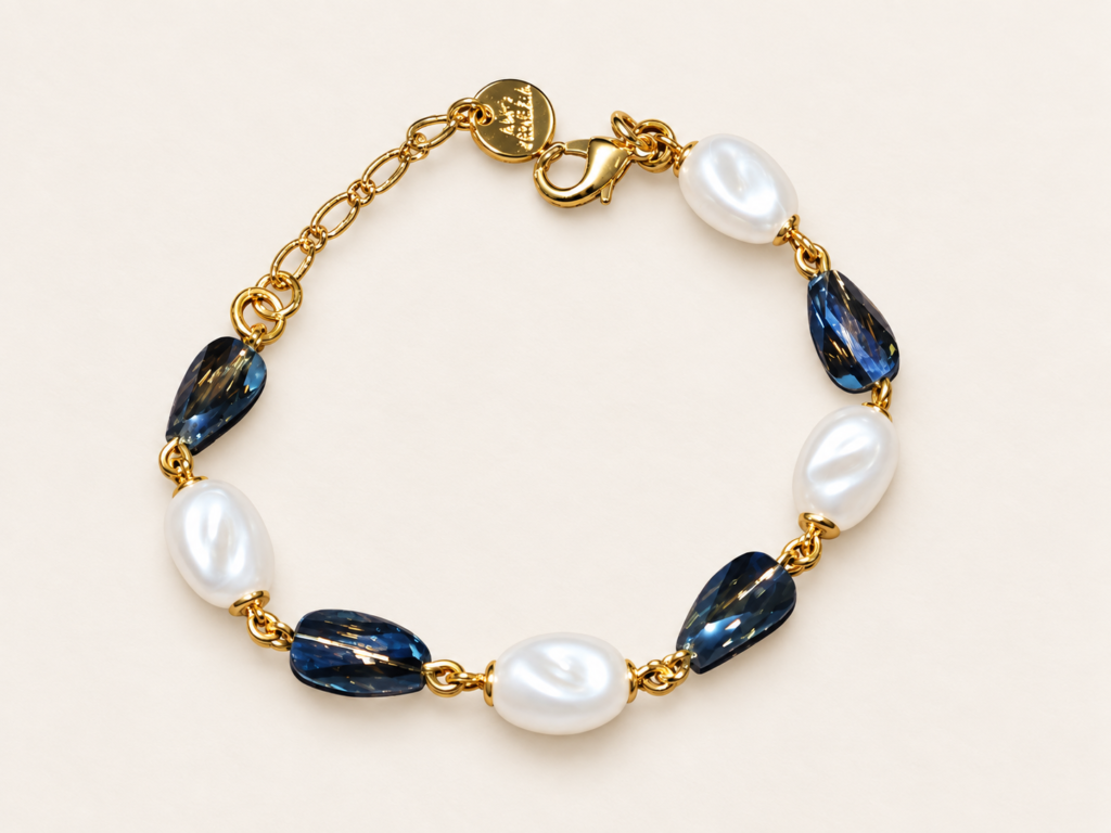 Bracciale Color Oro con Perle e Pietre Blu Sfaccettate