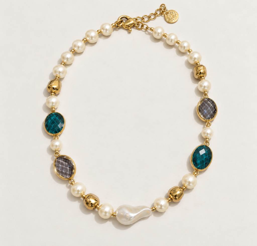 Collana Color Oro con Perle e Pietre Verde Petrolio e Grigio Fumé