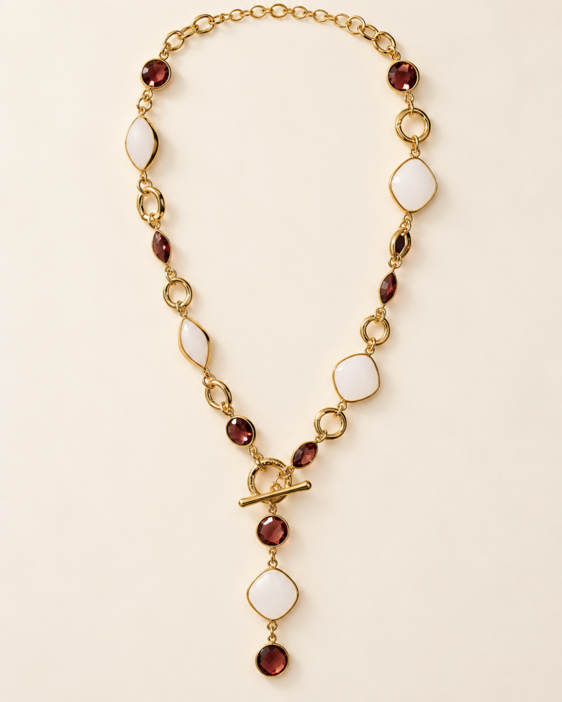 Collana a Y Color Oro con Pietre Bianche e Marrone Fumé