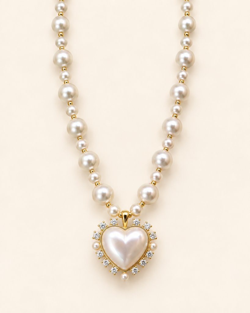 Collana Effetto Perla con Cuore e Dettagli Color Oro