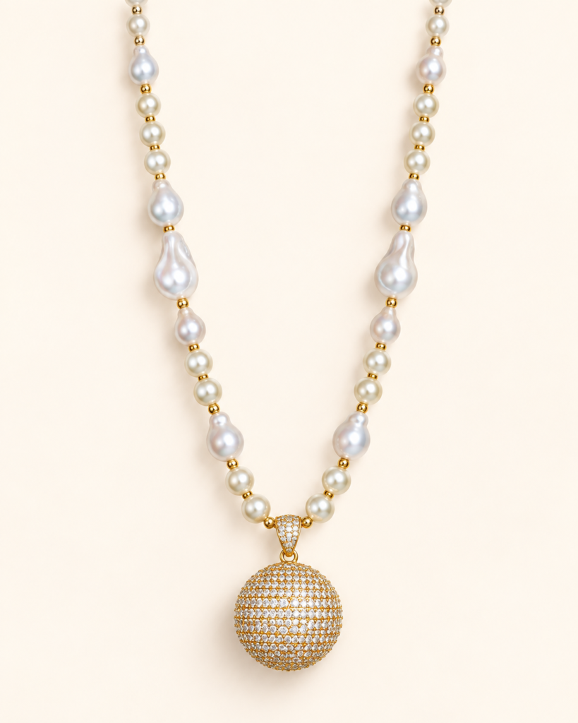 Collana con Dettagli Effetto Perla e Ciondolo Luminoso
