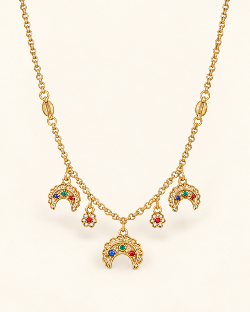 Collana Color Oro con Mezzelune e Fiori Multicolore