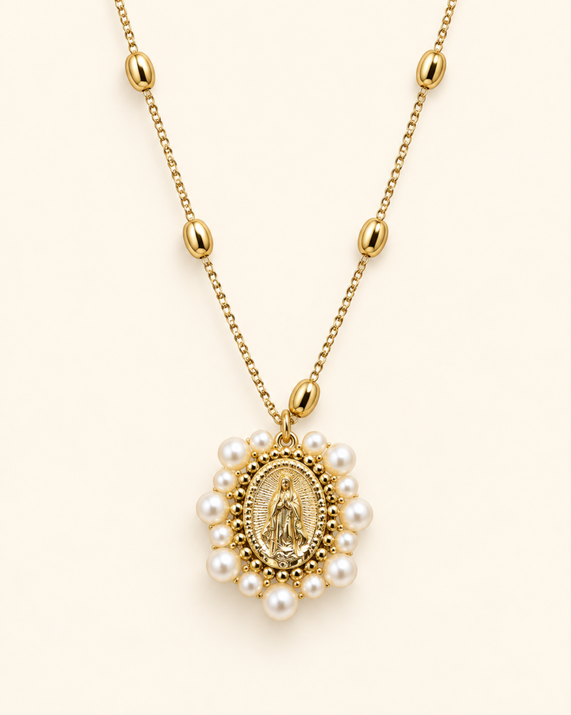 Collana Color Oro con Madonna e Cornice di Perline