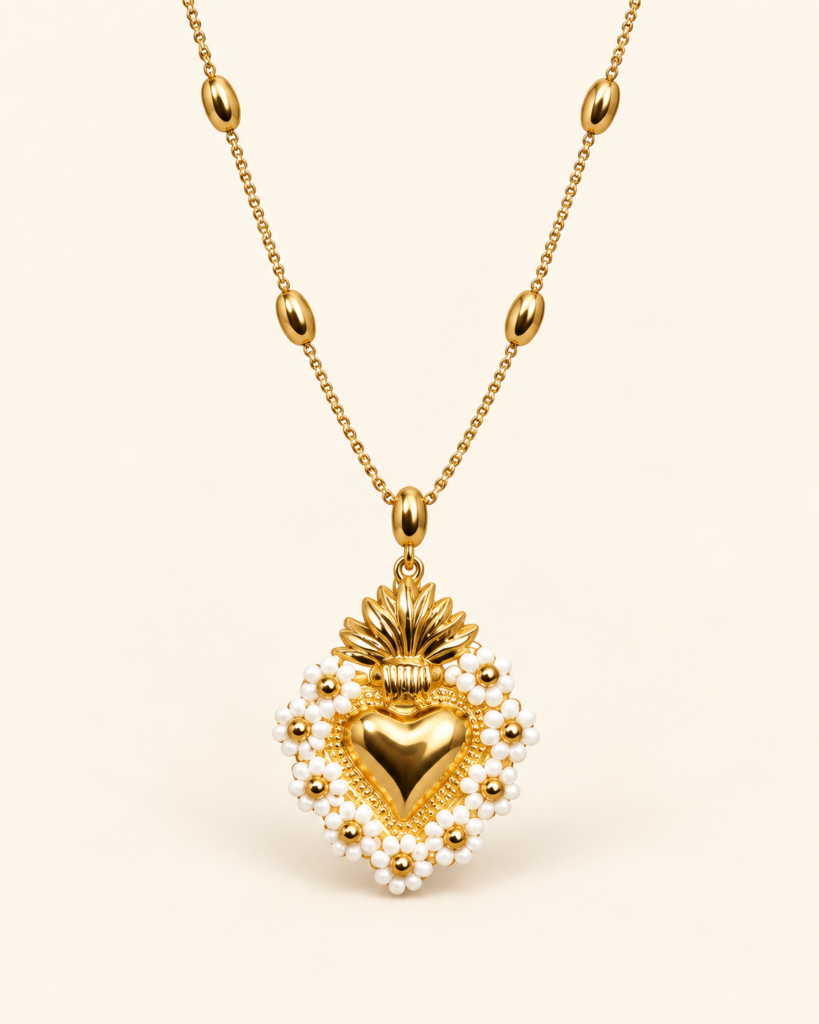 Collana Color Oro con Cuore Sacro e Cornice Perlata