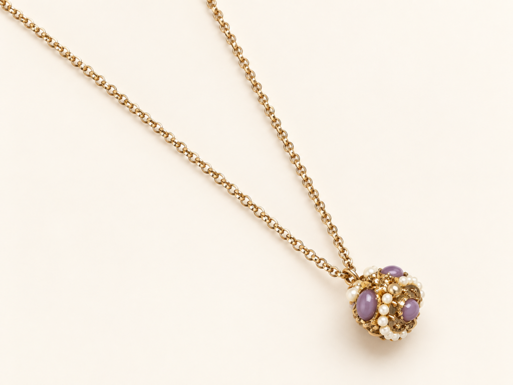Collana Color Oro con Pendente Decorato, Perle e Dettagli Lilla