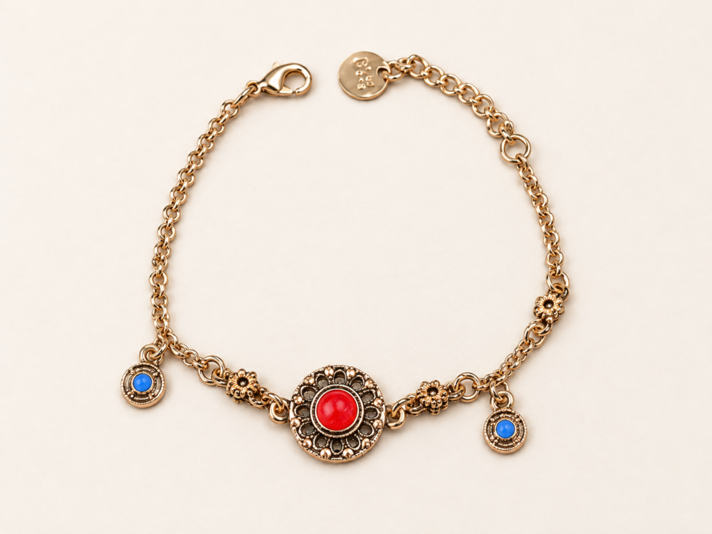 Bracciale Color Oro con Rosone Rosso e Pendenti Blu