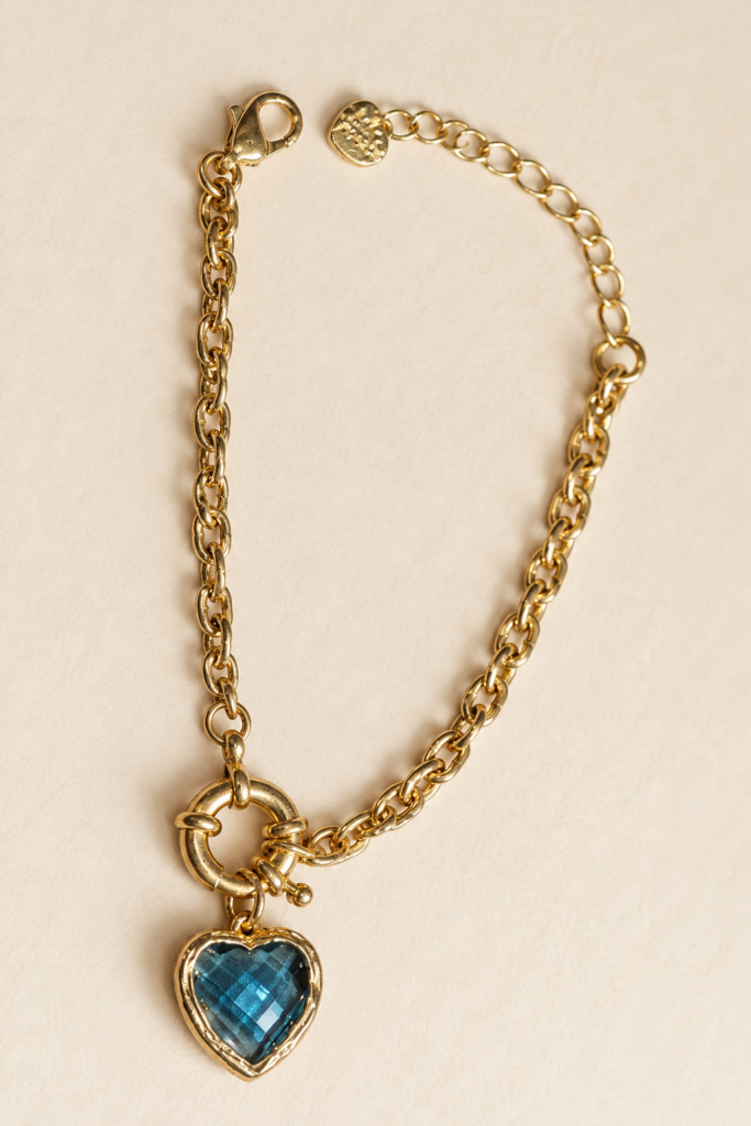 Bracciale Color Oro con Cuore Azzurro Sfaccettato