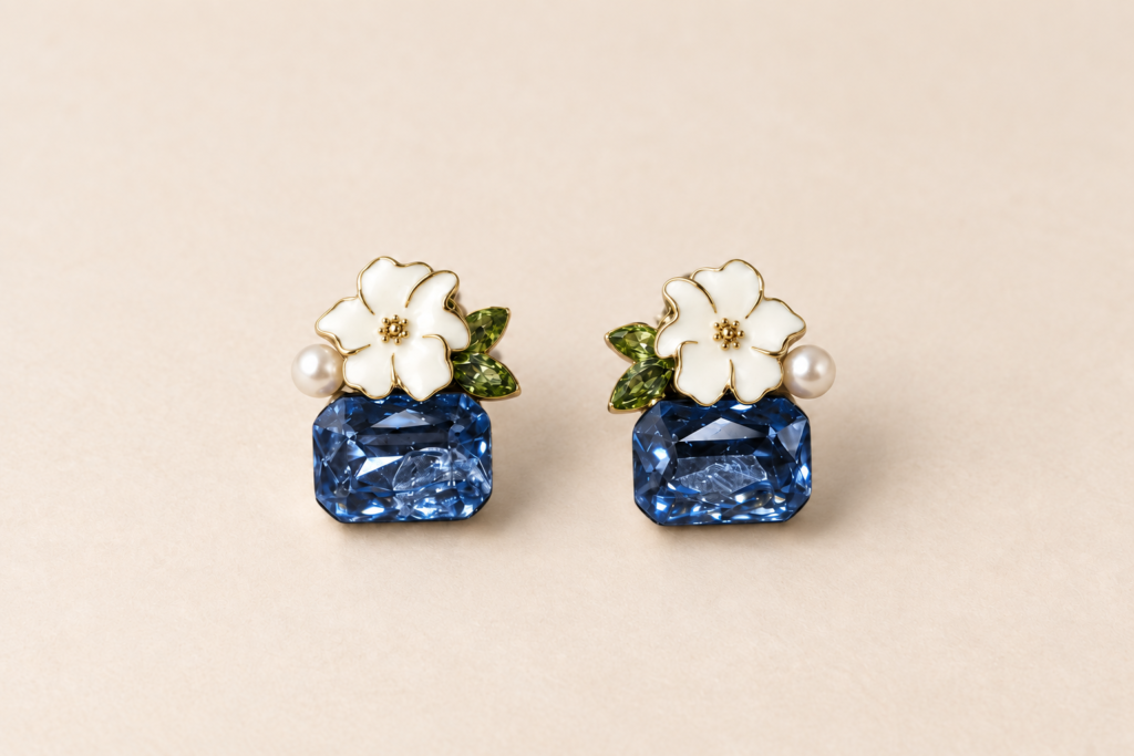 Orecchini Floreali con Pietre Blu Sfaccettate