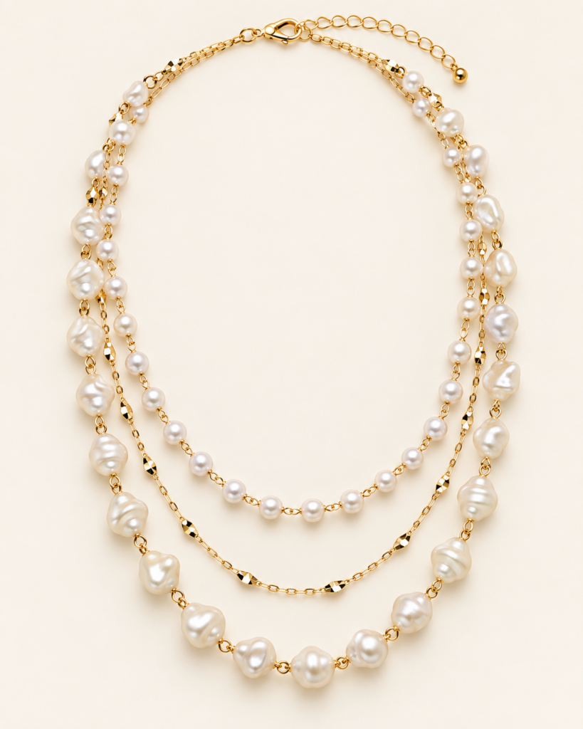 Collana a Tre Fili in Acciaio Color Oro con Perle
