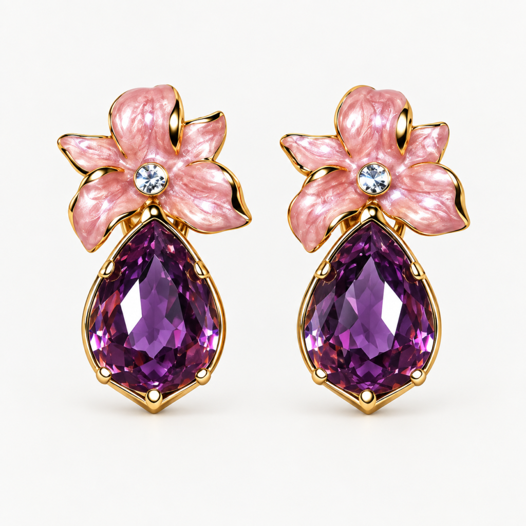 Orecchini in Acciaio con Fiore Rosa e Zircone Viola
